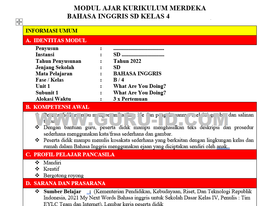 Modul Ajar Kurikulum Merdeka Bahasa Inggris Sd Gurusd Id Gambaran